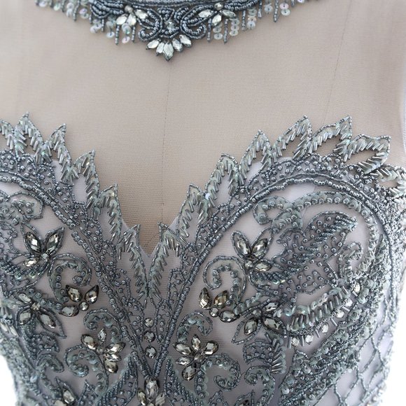 Mermaid Beaded Dusty Blue Prom Dress Luxury Formal Evening Gown - Picture 7 of 8